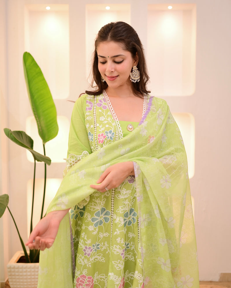 Lime Green Garden Threadwork Festive Anarkali Suit