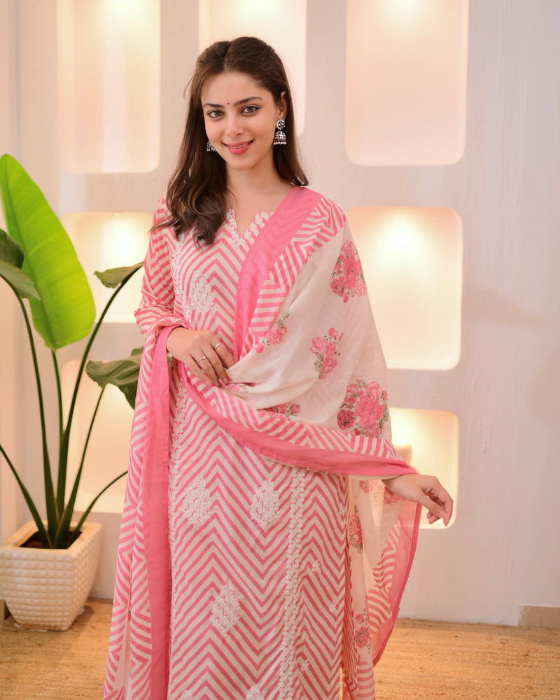 Pink Chevron Threadwork Cotton Suit