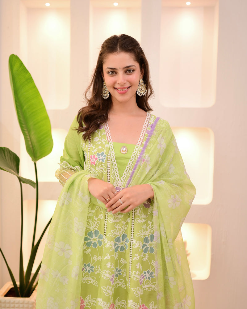 Lime Green Garden Threadwork Festive Anarkali Suit