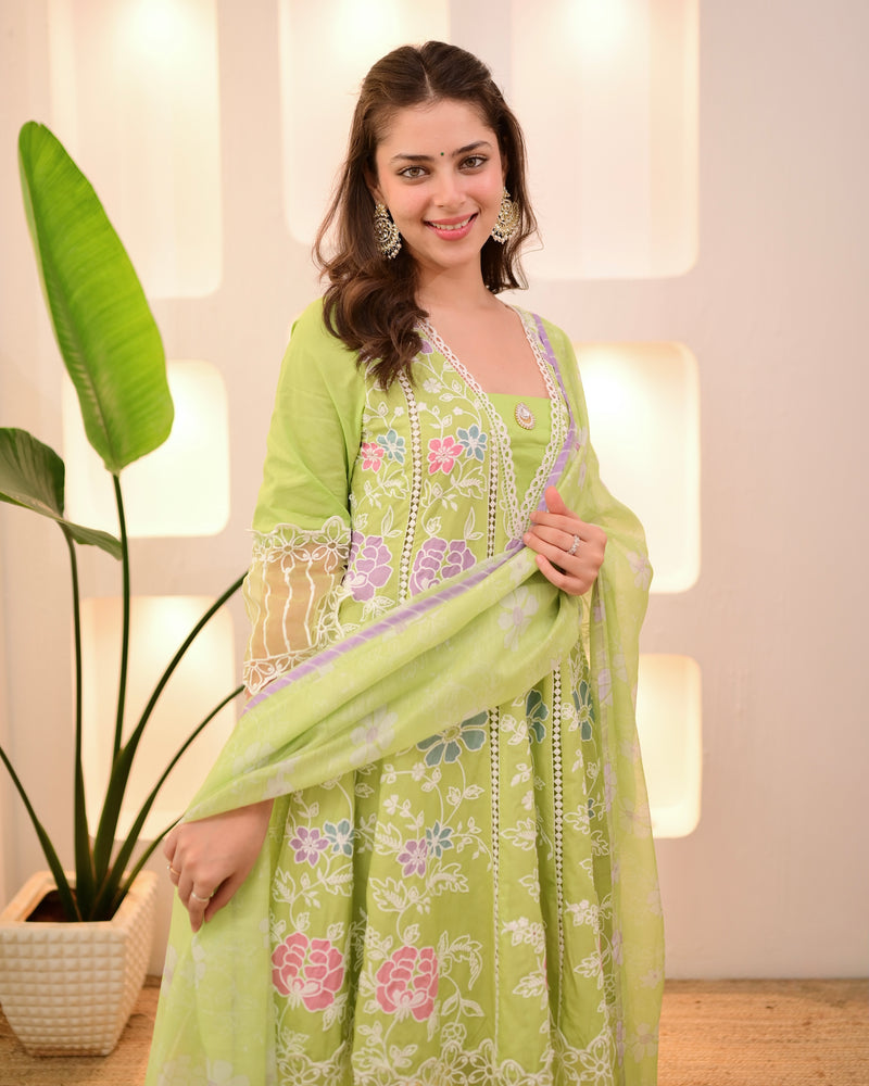 Lime Green Garden Threadwork Festive Anarkali Suit