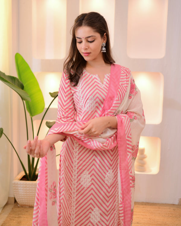 Pink Chevron Threadwork Cotton Suit