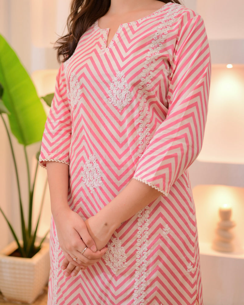 Pink Chevron Threadwork Cotton Suit
