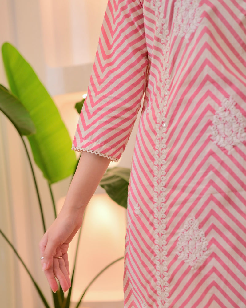 Pink Chevron Threadwork Cotton Suit