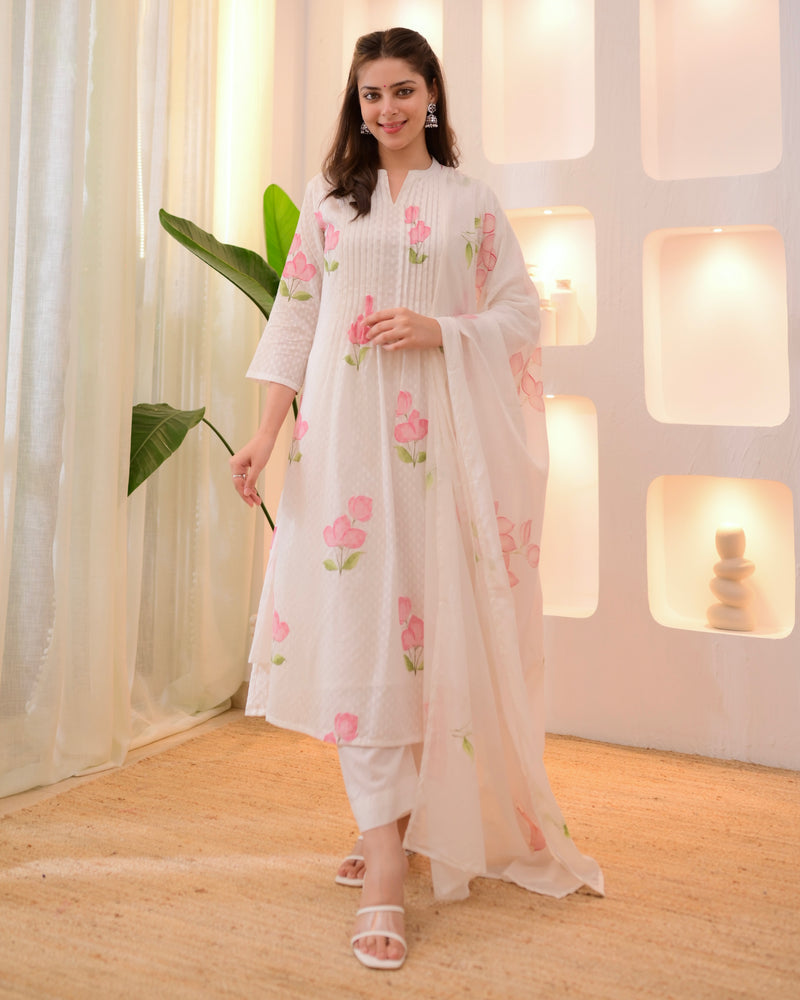 Pink Tulip Garden Mul Cotton A Line Suit