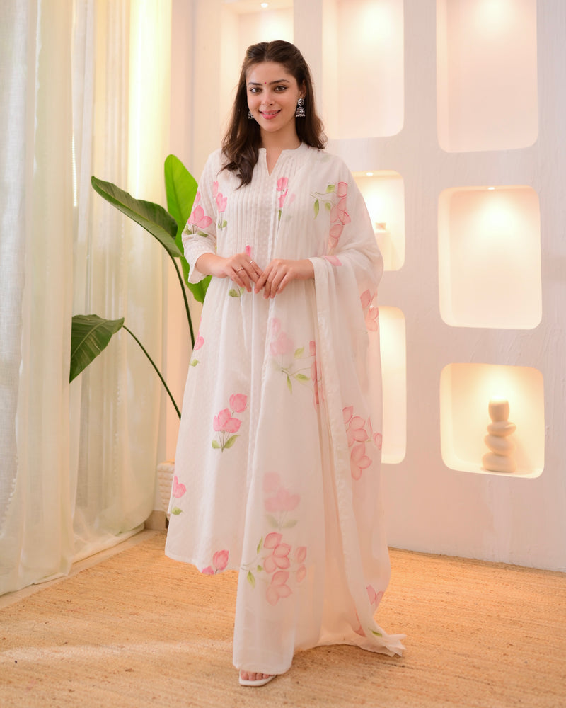 Pink Tulip Garden Mul Cotton A Line Suit