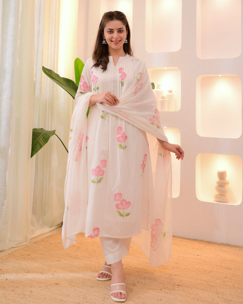 Pink Tulip Garden Mul Cotton A Line Suit