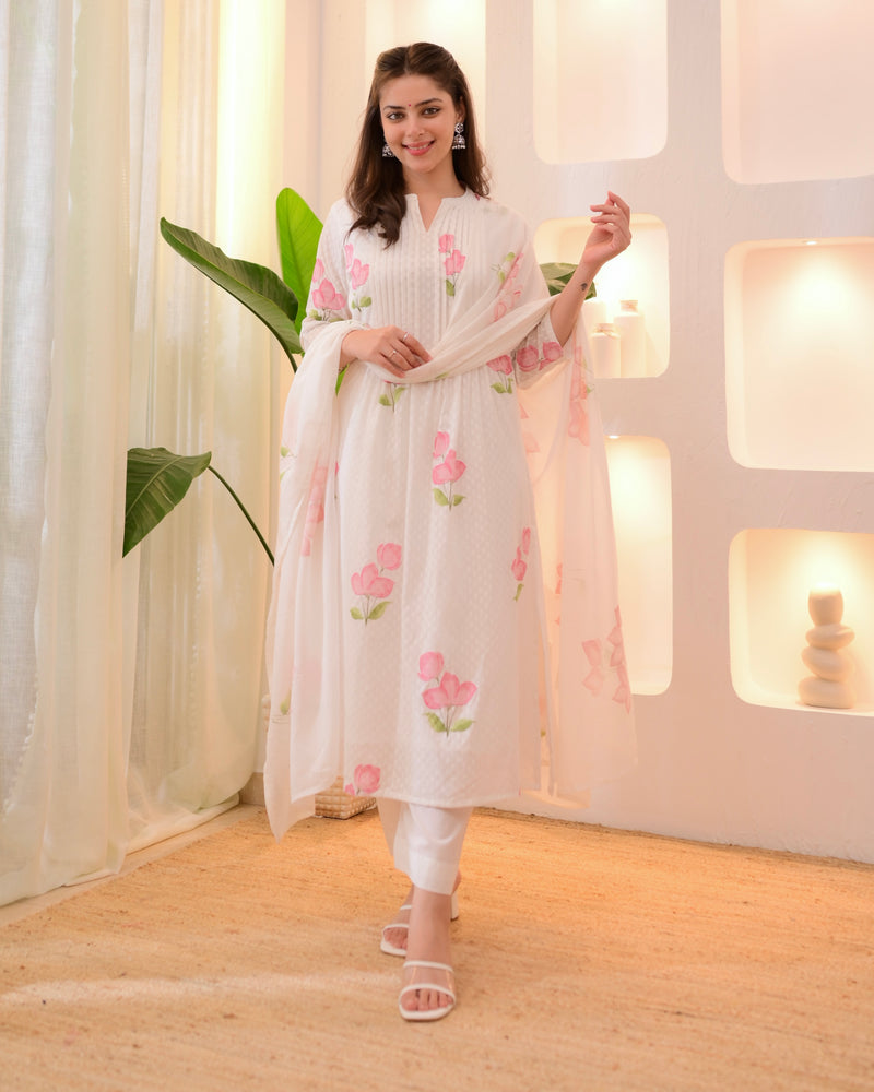 Pink Tulip Garden Mul Cotton A Line Suit