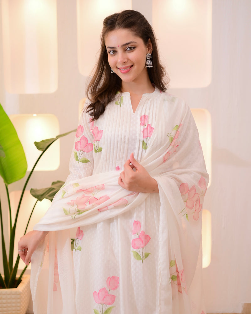 Pink Tulip Garden Mul Cotton A Line Suit