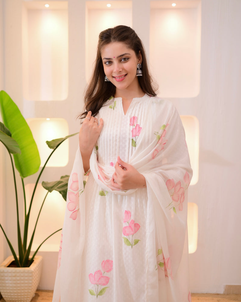 Pink Tulip Garden Mul Cotton A Line Suit