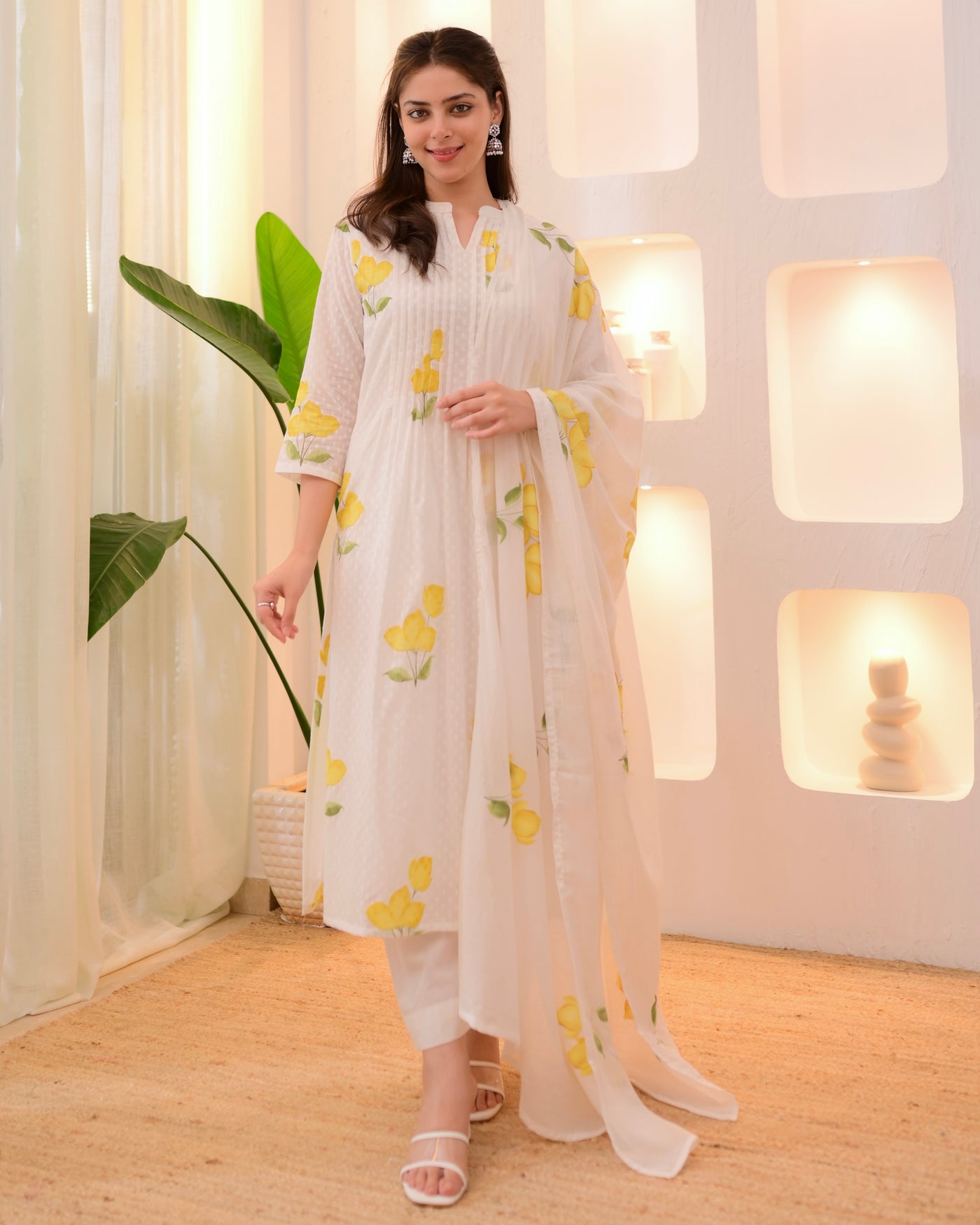 Yellow Tulip Garden Mul Cotton A Line Suit
