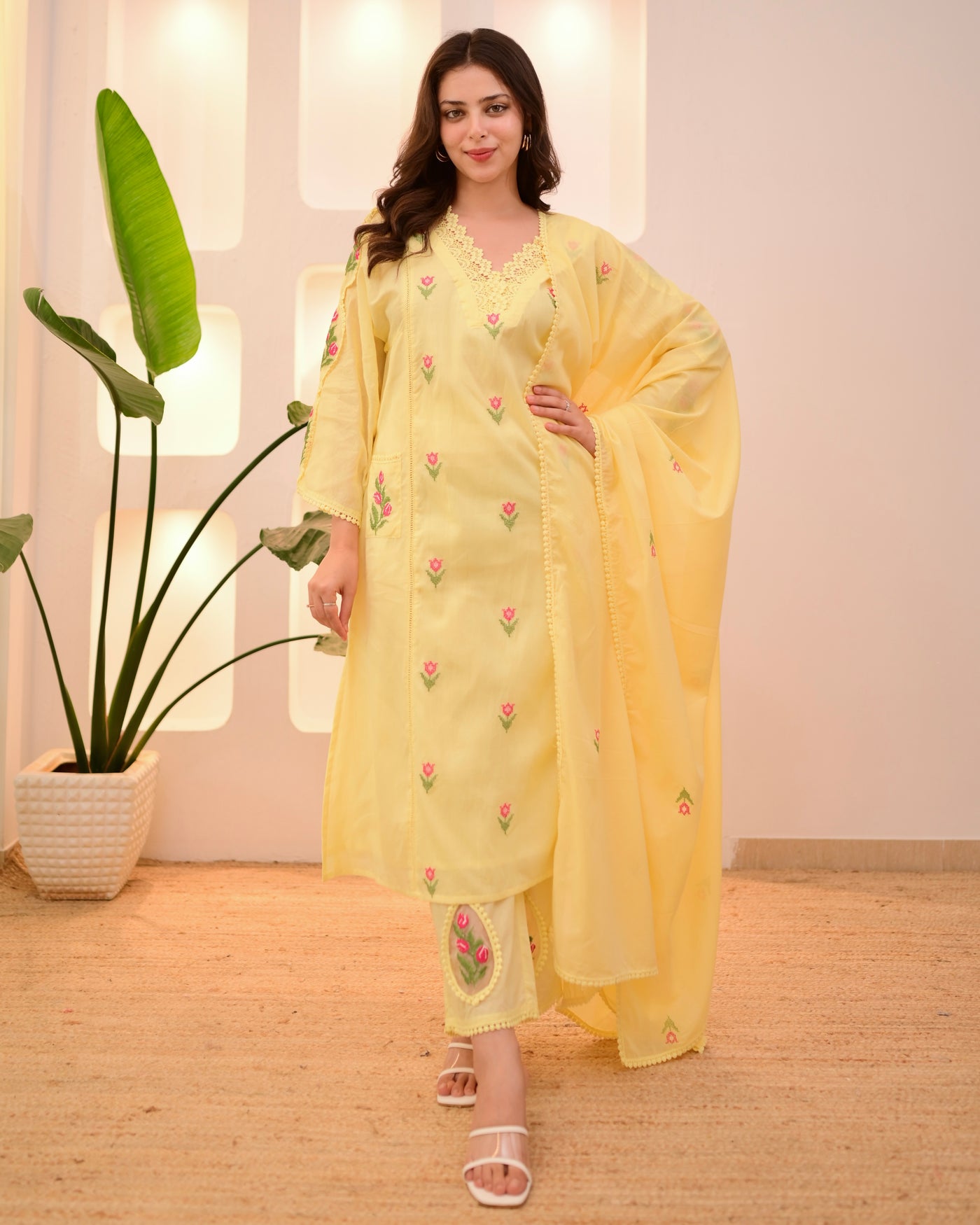 Lemon Yellow Garden Threadwork Cotton Suit