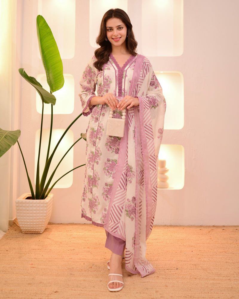 Ivory Orchid Floral Lace Pakistani Cotton Suit