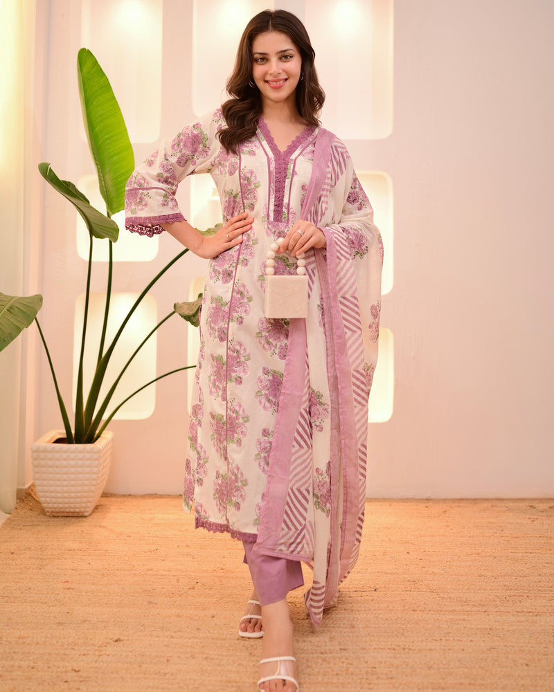 Ivory Orchid Floral Lace Pakistani Cotton Suit