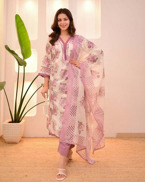 Ivory Orchid Floral Lace Pakistani Cotton Suit