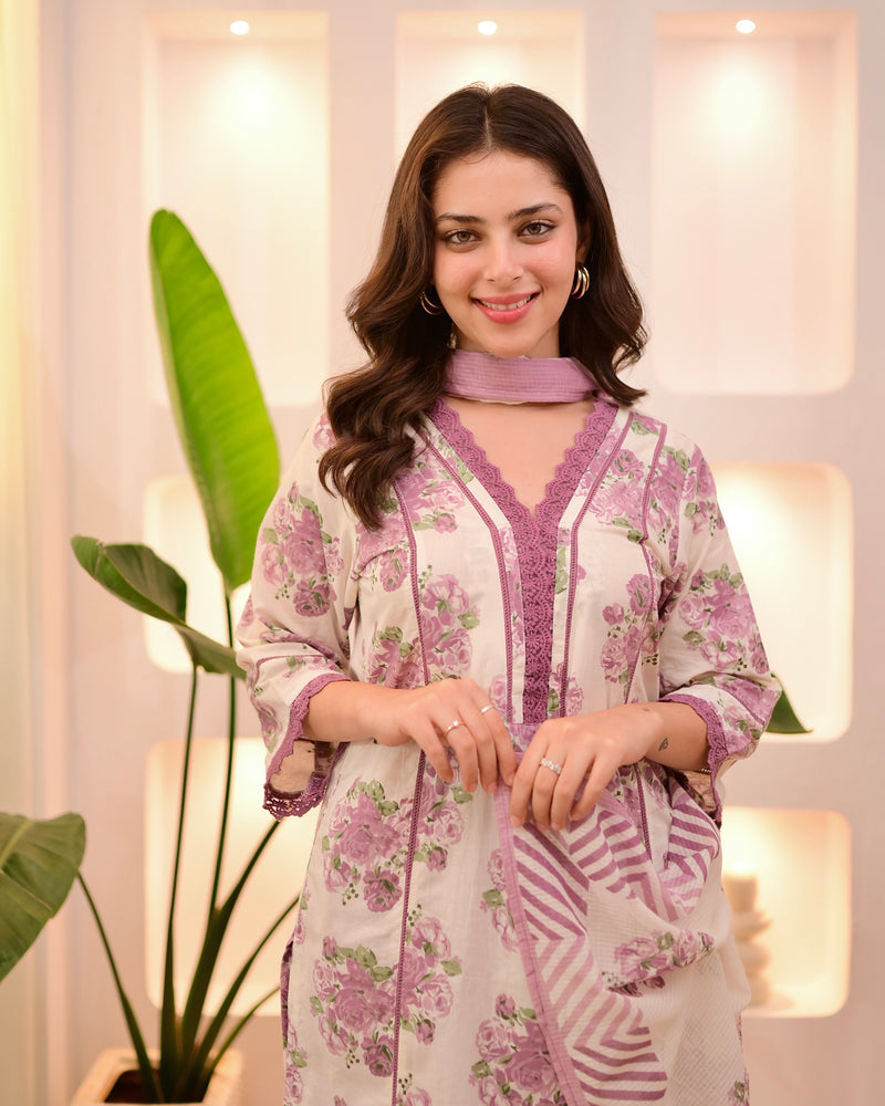 Ivory Orchid Floral Lace Pakistani Cotton Suit