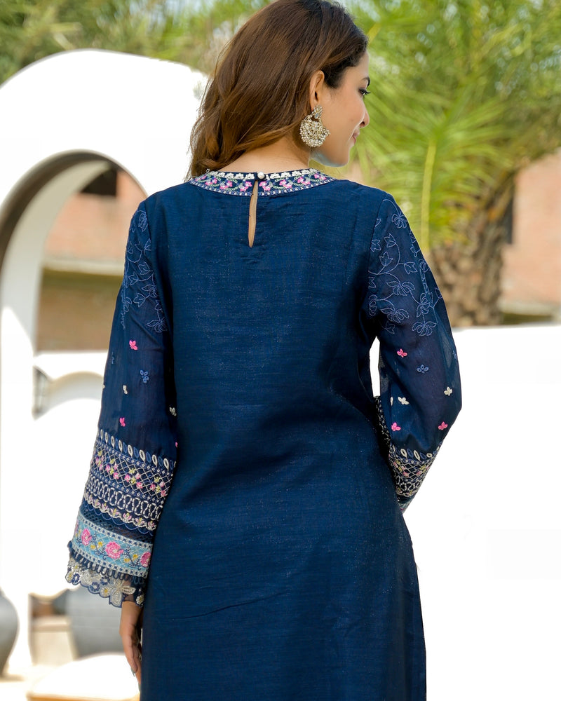 Midnight Blossom Threadwork Pakistani Shimmer Suit