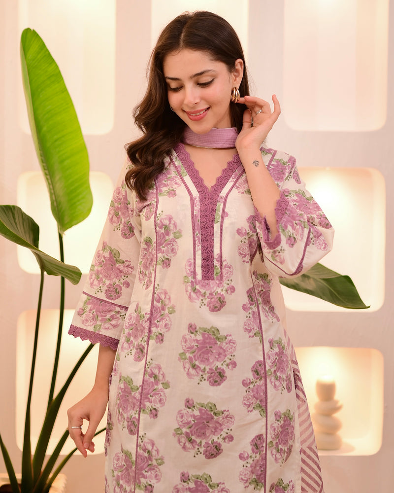 Ivory Orchid Floral Lace Pakistani Cotton Suit
