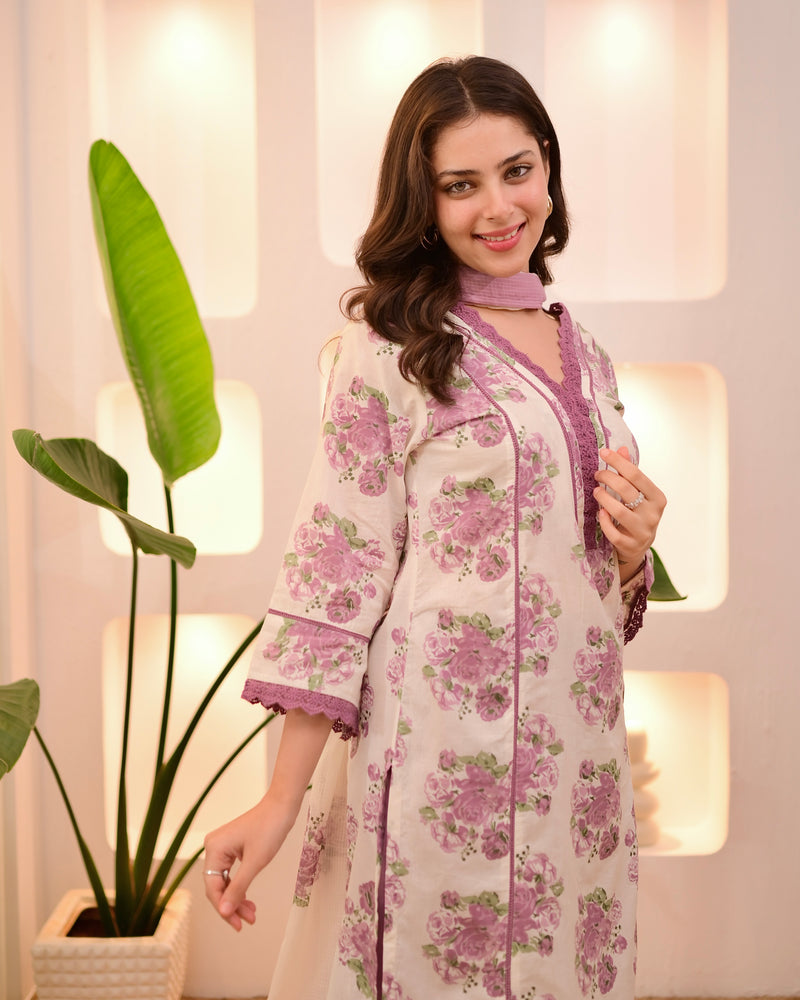 Ivory Orchid Floral Lace Pakistani Cotton Suit
