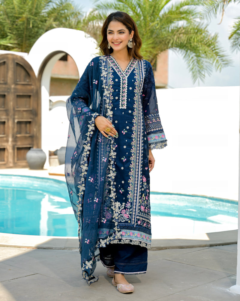Midnight Blossom Threadwork Pakistani Shimmer Suit