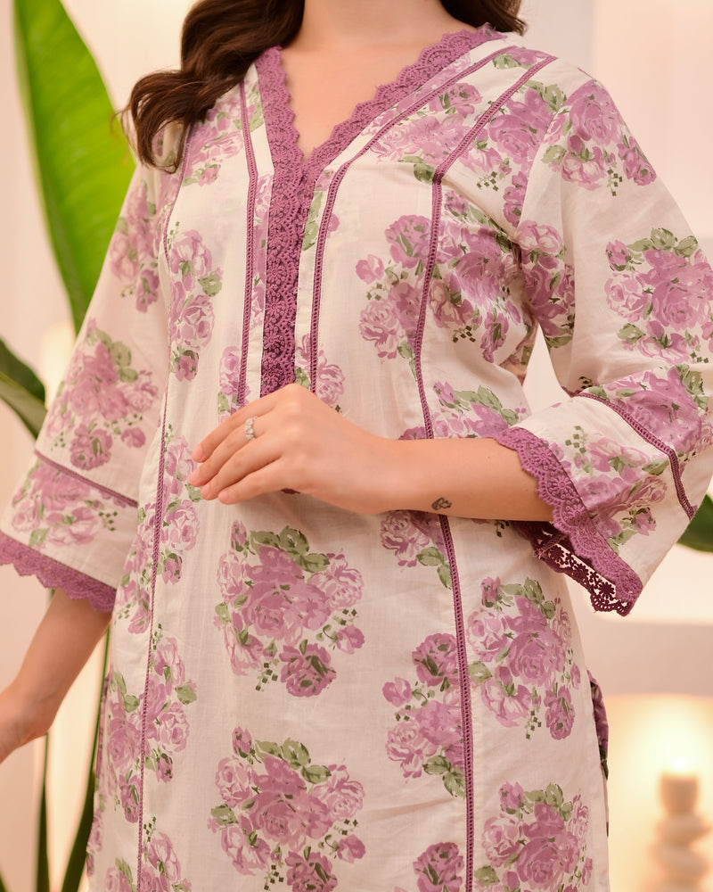 Ivory Orchid Floral Lace Pakistani Cotton Suit