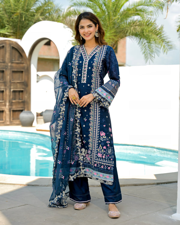 Midnight Blossom Threadwork Pakistani Shimmer Suit