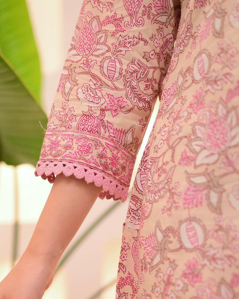 Ivory Pink Floral Lace Cotton Suit