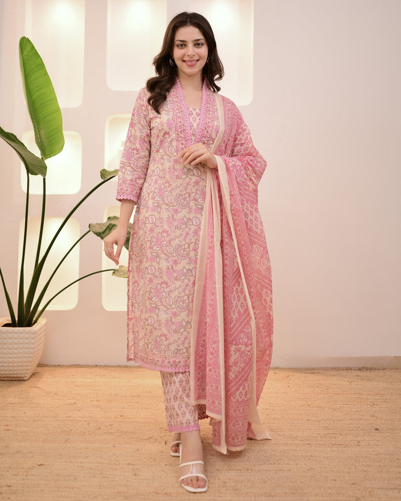 Ivory Pink Floral Lace Cotton Suit