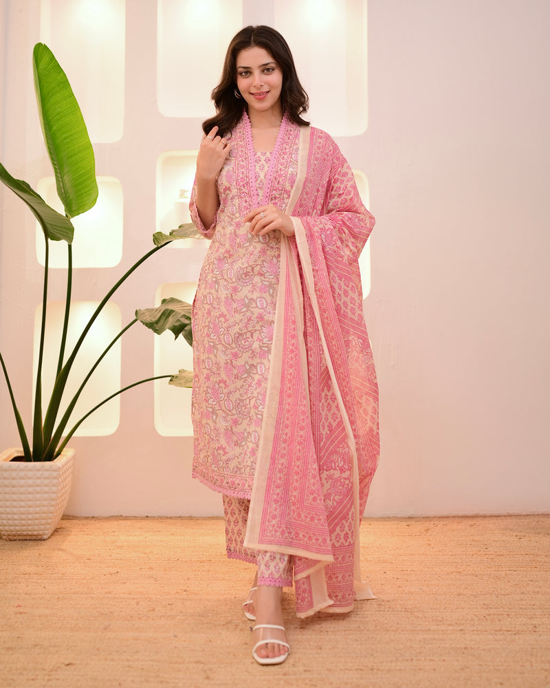 Ivory Pink Floral Lace Cotton Suit
