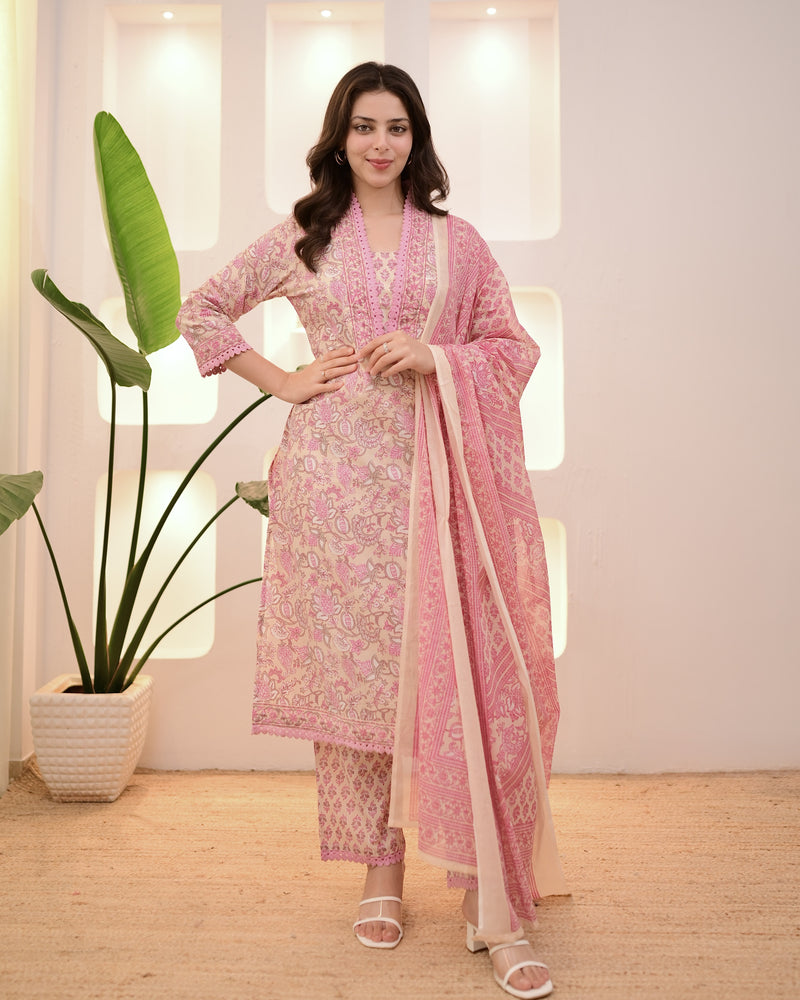 Ivory Pink Floral Lace Cotton Suit