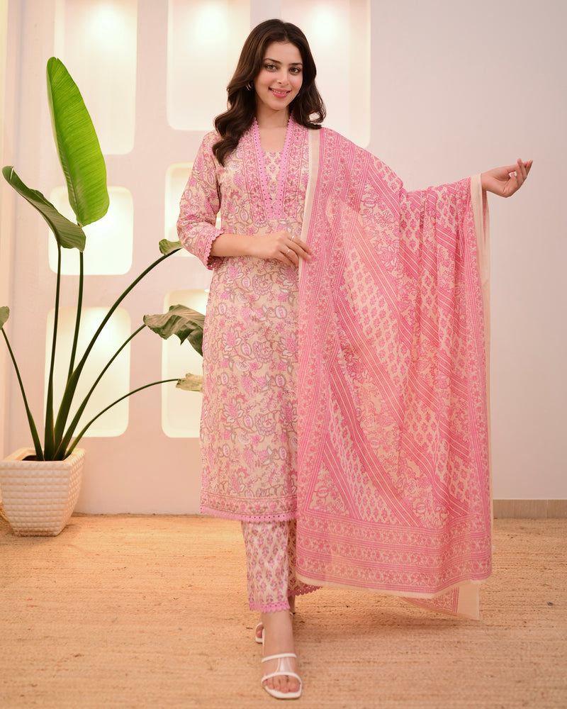 Ivory Pink Floral Lace Cotton Suit