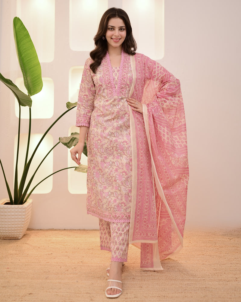 Ivory Pink Floral Lace Cotton Suit
