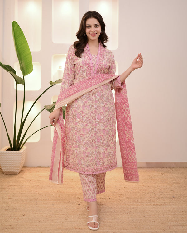 Ivory Pink Floral Lace Cotton Suit