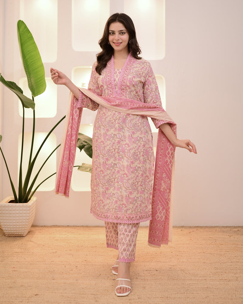 Ivory Pink Floral Lace Cotton Suit