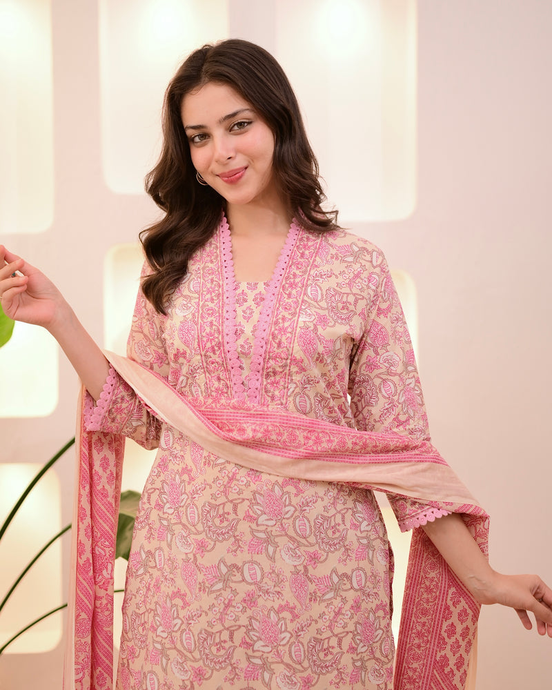Ivory Pink Floral Lace Cotton Suit