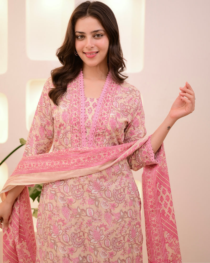 Ivory Pink Floral Lace Cotton Suit
