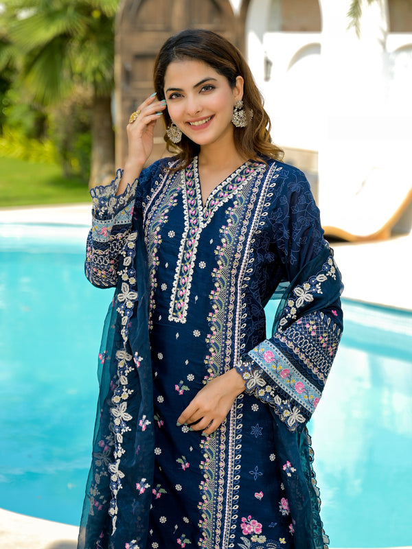 Midnight Blossom Threadwork Pakistani Shimmer Suit
