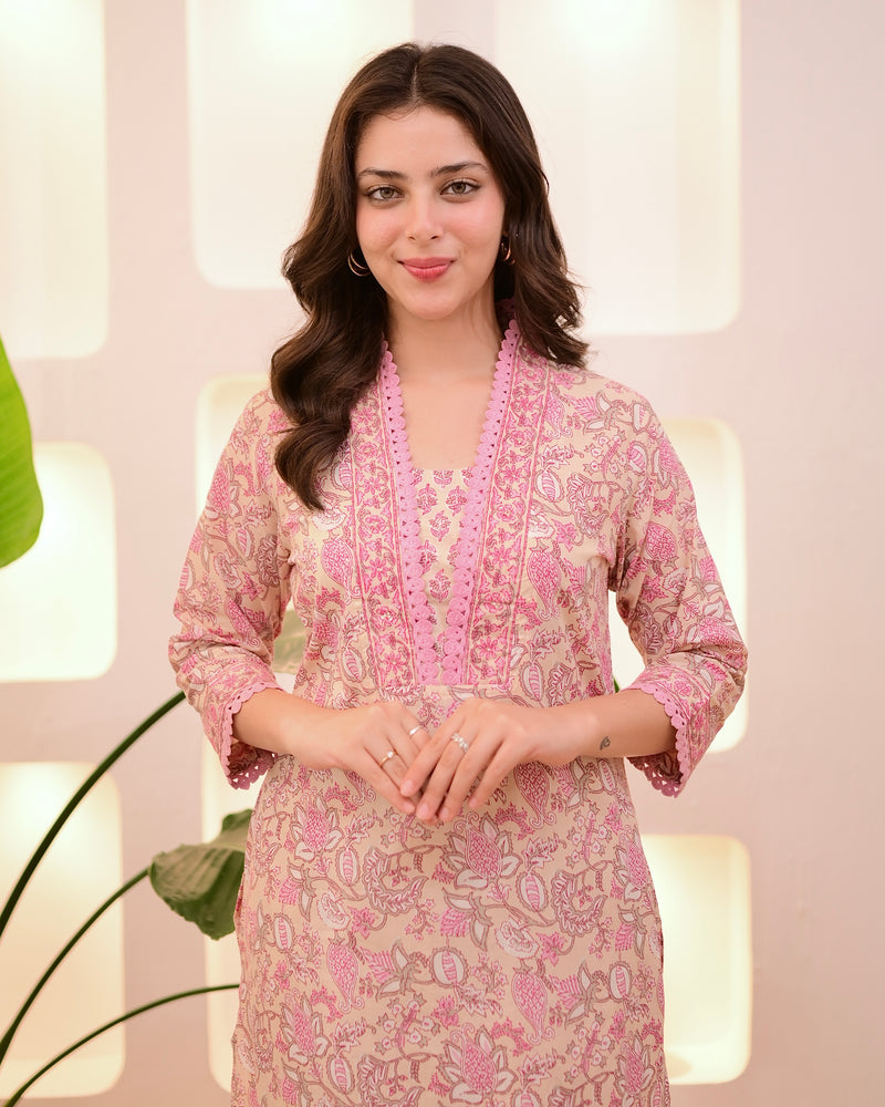 Ivory Pink Floral Lace Cotton Suit