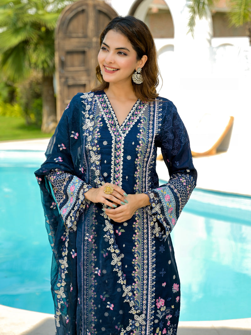 Midnight Blossom Threadwork Pakistani Shimmer Suit