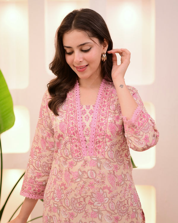Ivory Pink Floral Lace Cotton Suit