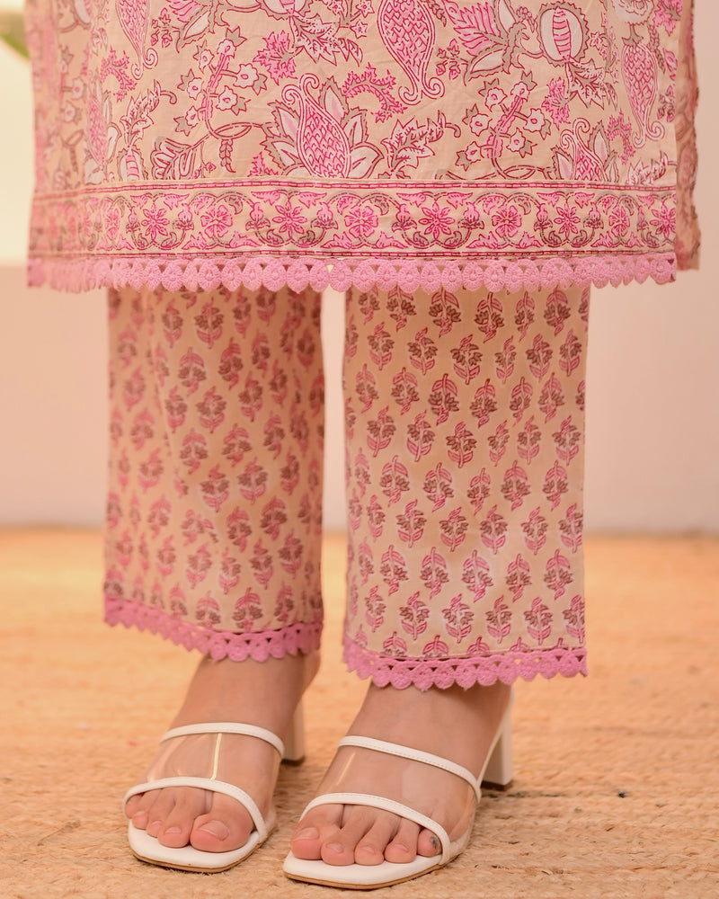 Ivory Pink Floral Lace Cotton Suit