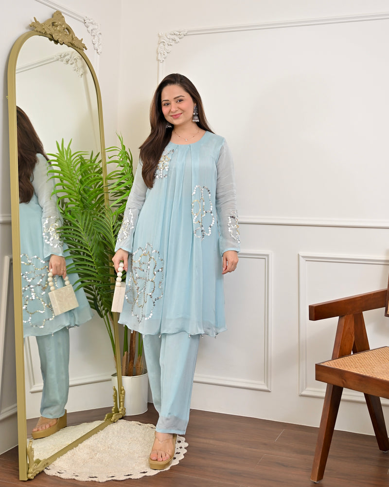 Aqua Sheen Chinnon Handwork Festive Co-ord