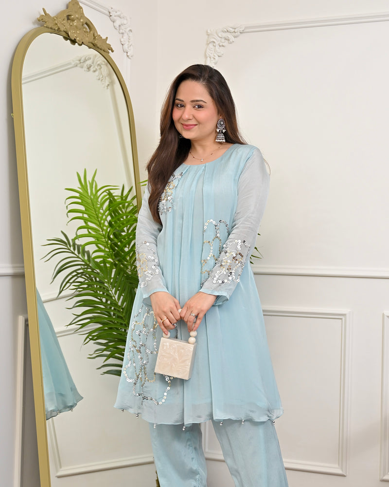 Aqua Sheen Chinnon Handwork Festive Co-ord