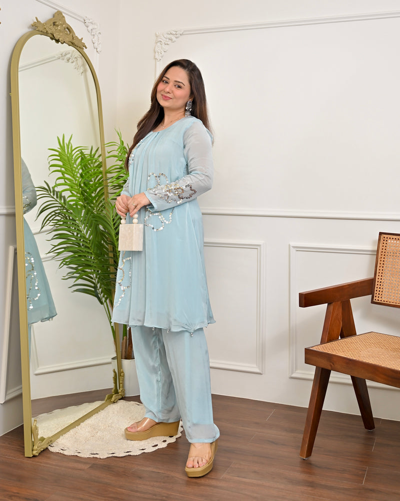 Aqua Sheen Chinnon Handwork Festive Co-ord