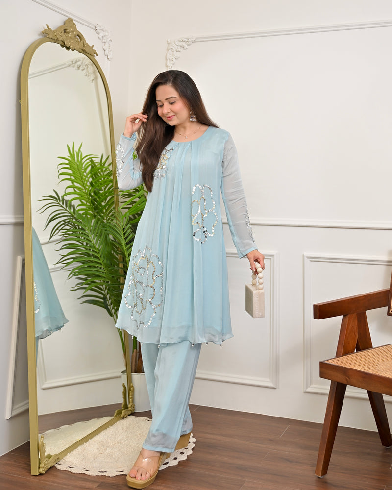 Aqua Sheen Chinnon Handwork Festive Co-ord