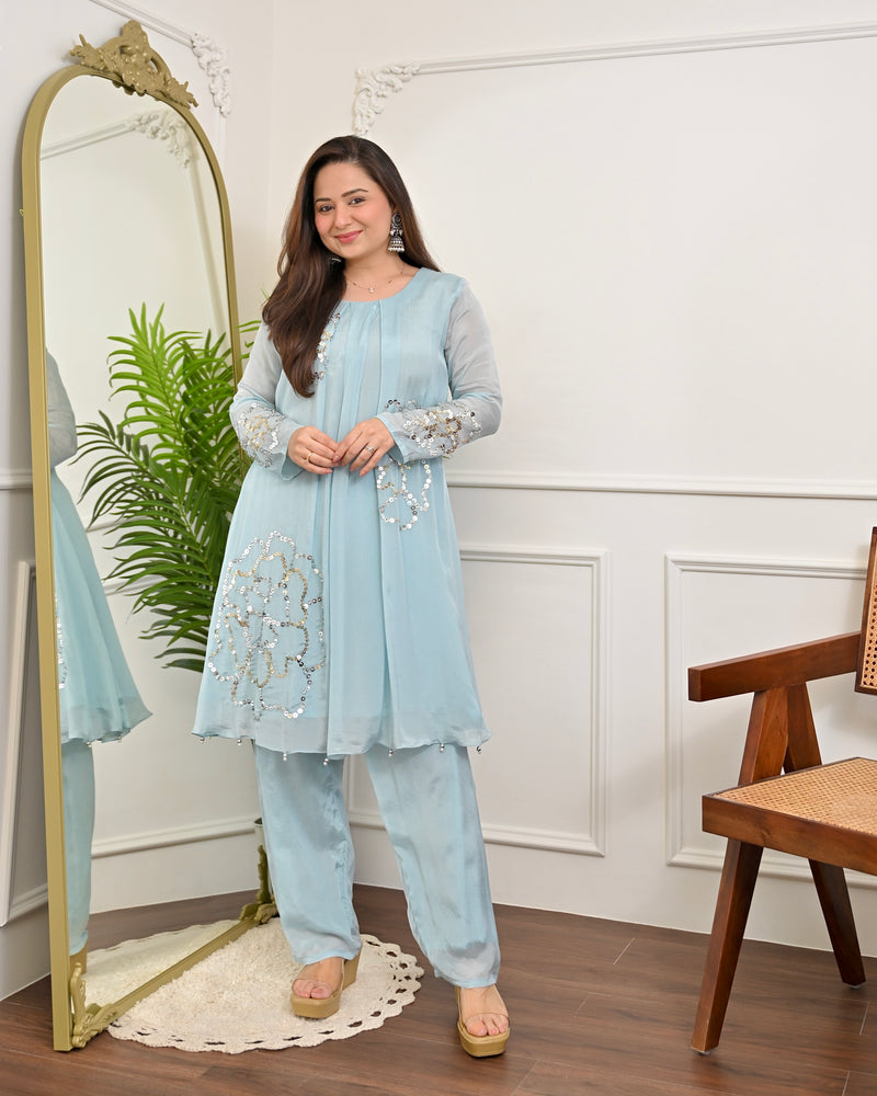 Aqua Sheen Chinnon Handwork Festive Co-ord