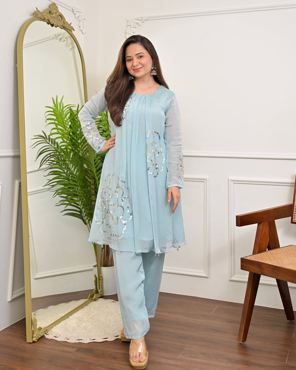 Aqua Sheen Chinnon Handwork Festive Co-ord