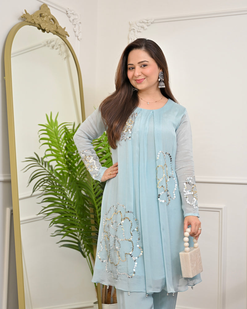 Aqua Sheen Chinnon Handwork Festive Co-ord