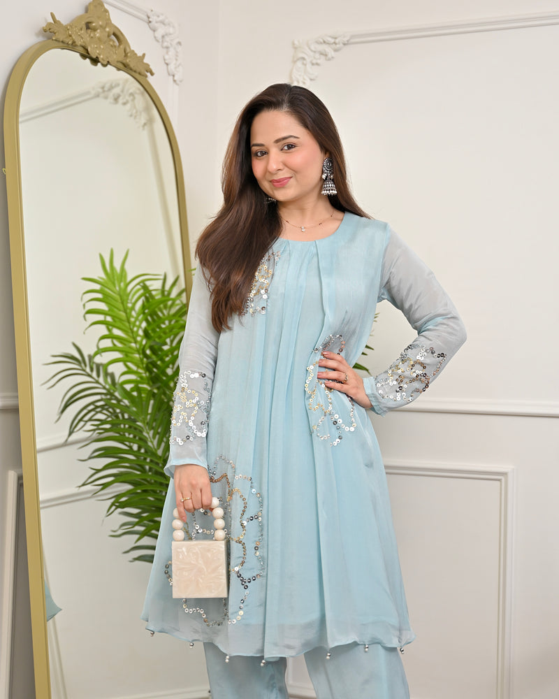 Aqua Sheen Chinnon Handwork Festive Co-ord