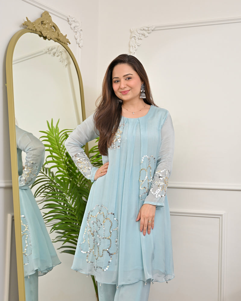 Aqua Sheen Chinnon Handwork Festive Co-ord
