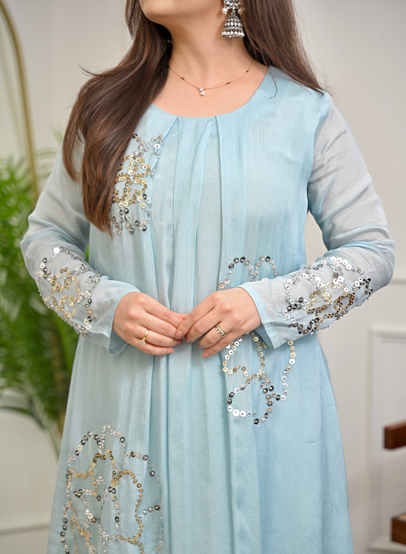 Aqua Sheen Chinnon Handwork Festive Co-ord